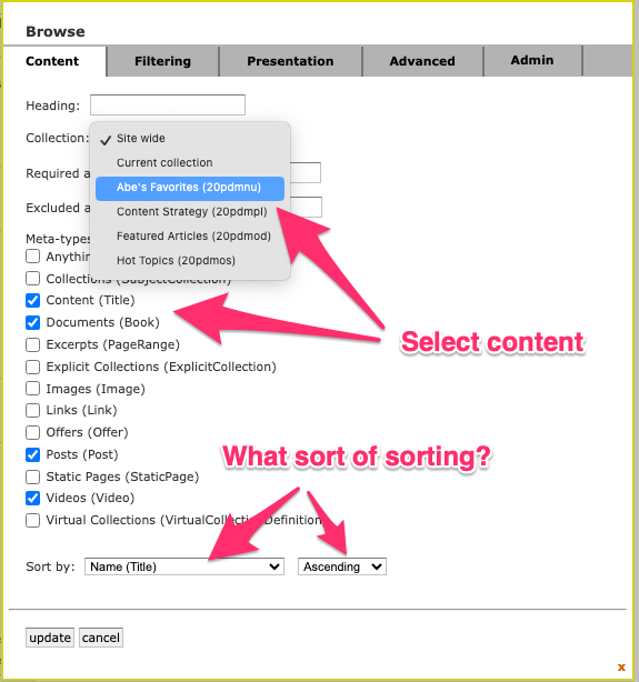 Selecting and sorting content