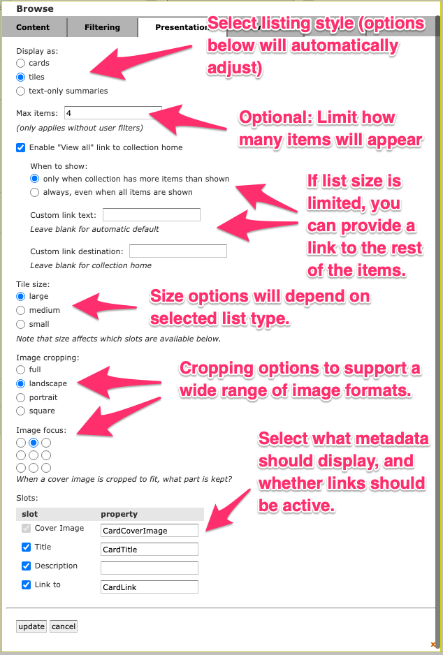 Tools for managing design in the browse block
