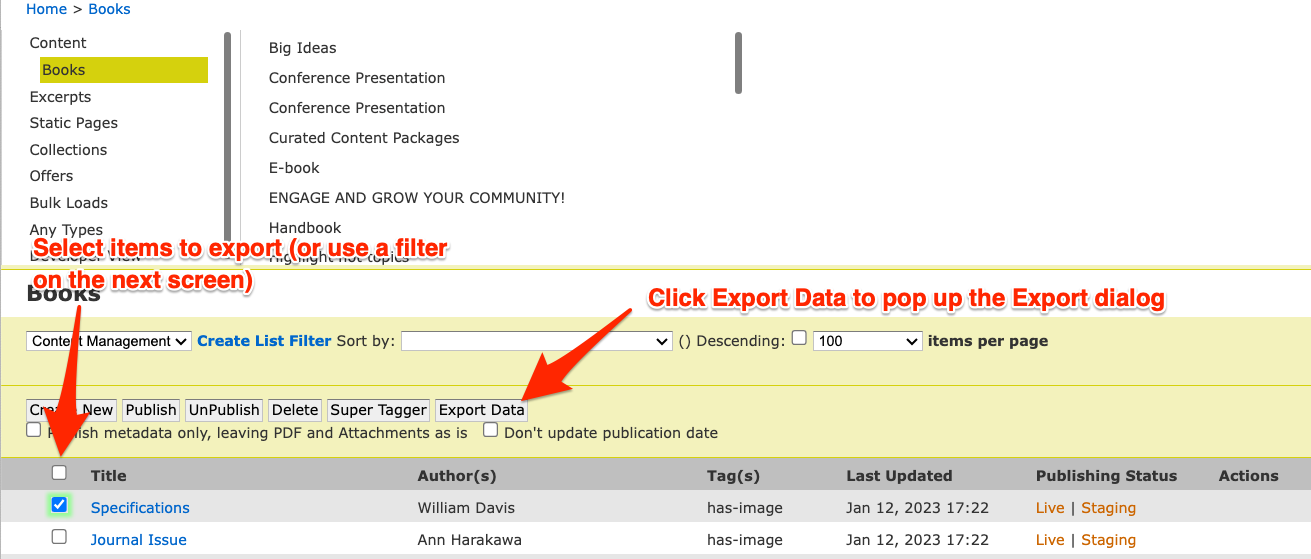 Eporting metadata in Tizra.